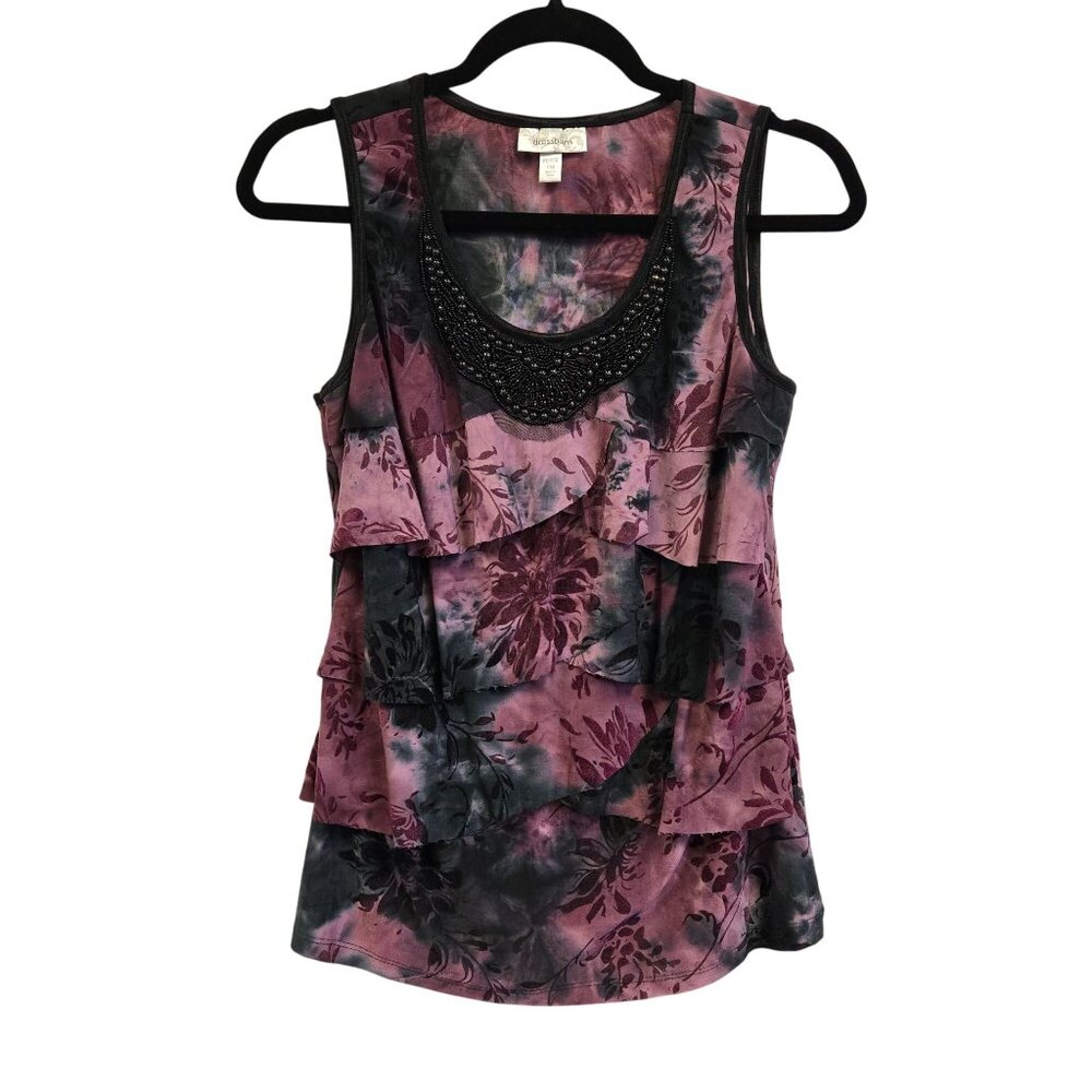 Y2K Whimsigoth Fairy PM Sleeveless Velvet Floral Tiered Tank‎ Top Blouse Purple